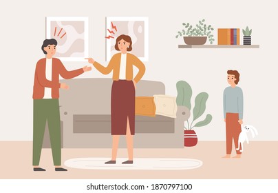 Parents arguing in front of child. Angry mother and father quarreling in living room. Sad son watching conflict. Woman and man fighting near kid. Aggressive husband and wife vector illustration