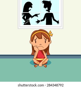 Parents arguing, sad girl, vector illustration