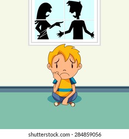 Parents arguing, sad kid, vector illustration