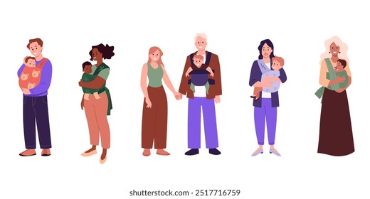 Parents with babies in carriers. Vector illustration showing diverse parents holding babies in various baby carriers, including wraps, slings, and structured carriers