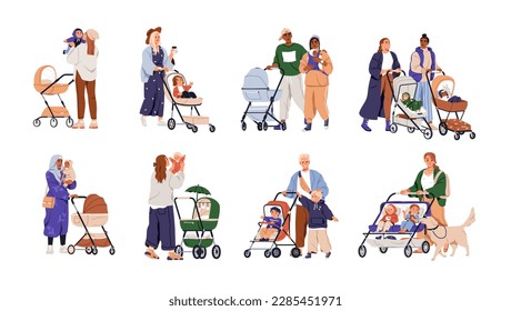 Parents with babies in prams set. Mothers, fathers walking with strollers, infants outdoors. Happy families, newborn kids in pushchairs. Flat graphic vector illustrations isolated on white background