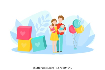 Parents with Babies Twins, Young Father and Mother with Newborn Kids, Happy Family Vector Illustration