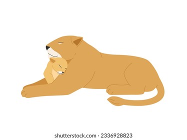 Parents and baby animals. The mother lion sits with a baby lion in her arms.