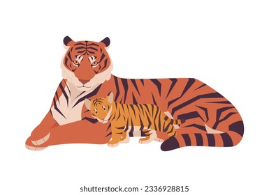 Parents and baby animals. The mother tiger is lying on the floor and the baby tiger is leaning next to the mother.