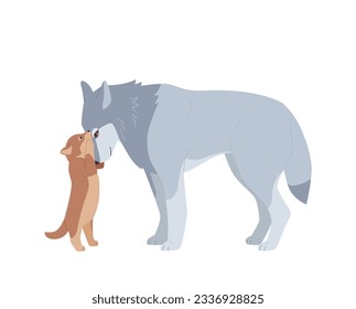 Parents and baby animals. The baby wolf is hugging the mother wolf's face.