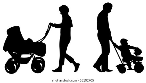 parents with baby in carriage silhouette vector
