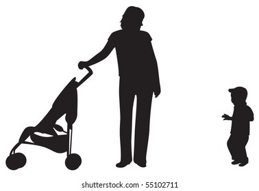 Parents With Baby In Carriage Silhouette Vector