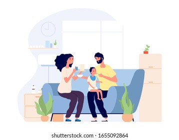 Parents and baby. Feeding infant, happy young family together. Mother father and toddler on sofa with food vector illustration