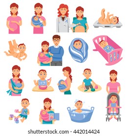 Parents and baby flat icons set with mother and father isolated vector illustration 