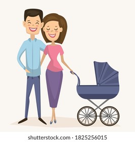 Parents with baby. Happy mother woman person and father man parent couple walking together with baby child carriage. Family parenting happiness vector illustration