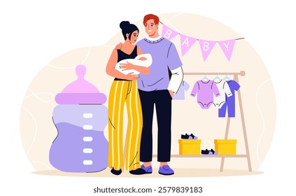 Parents with baby. Mother and father with toddler. Parenthood and childhood. Man and woman with kid. Husband and wife with newborn. Love and care. Flat vector illustration