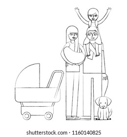 parents baby pram and little girl dog