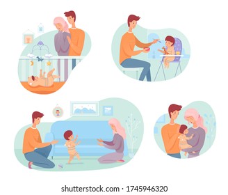 Parents with baby set. Young mom and dad looking at their baby in crib. Father feeds son. Kid learns to walk. Family hugs, love. Happy parenthood, childhood concept. Vector character illustration