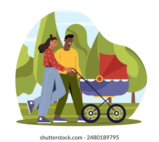 Parents with baby stroller. Father and mother walk in city park with toddler. Family spoending time together outdoors. Parenthood and childhood. Couple with baby. Cartoon flat vector illustration