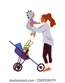 Parents with baby stroller. Happy mother holds little daughter in her arms. Woman walking with toddler. Parenthood and childhood. Flat vector illustration isolated on white background