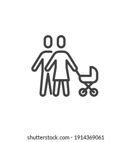 Parents with baby stroller line icon. linear style sign for mobile concept and web design. Family couple outline vector icon. Symbol, logo illustration. Vector graphics