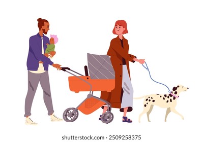 Parents with baby stroller. Man with toddler and woman with dog. Parenthood and childhood. Father care about kid. Poster or banner. Flat vector illustration isolated on white background