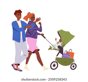 Parents with baby stroller. Man and woman with toddler. Parenthood and childhood. Father care about kid. Happy family walking outdoors. Flat vector illustration isolated on white background