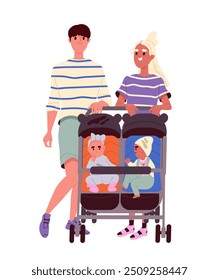 Parents with baby stroller. Woman and man walking with toddlers. Parenthood and childhood. Mother and father care about their kids. Flat vector illustration isolated on white background