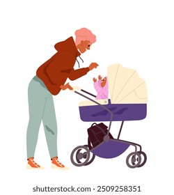 Parents with baby stroller. Woman walking with toddler. Parenthood and childhood. Mother care about kid. Sticker for social networks. Flat vector illustration isolated on white background