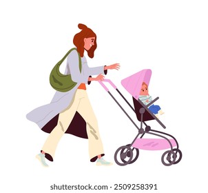 Parents with baby stroller. Woman walking with toddler. Parenthood and childhood. Mother care about kid. Graphic element for website. Flat vector illustration isolated on white background