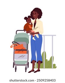 Parents with baby stroller. Woman walking with toddler outdoors. Parenthood and childhood. Mother care about kid. Happy family. Flat vector illustration isolated on white background