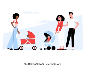 Parents With Baby Strollers Meeting Outdoors In Flat Vector Illustration Symbolizing Parenthood, Socializing, And Family Lifestyle, Isolated On White Background