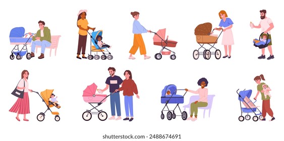 Parents with baby strollers. Mothers and fathers with baby pushchairs and carriages, moms and dads walking with children in wheeling strollers flat vector illustration set. Parenting scenes