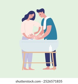 Parents Bathing Their Newborn Baby. A couple gently bathing their newborn baby in a tub, caring for the infant with love