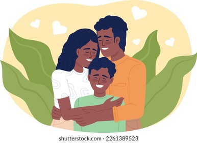 Parents bonding with child 2D vector isolated illustration. Happy mom and dad cuddling son flat characters on cartoon background. Colorful editable scene for mobile, website, presentation