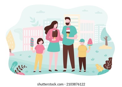 Parents bought children ice cream on walk. Family enjoying summer frozen desserts in park. Little girl eating delicious popsicle on stick. Dad eats gelato in waffle cone. Flat vector illustration