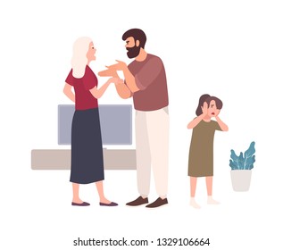 Parents brawling and quarreling in presence of daughter. Husband shouting at wife or offending her. Problem or conflict in family. Domestic abuse, unhappy marriage. Flat cartoon vector illustration.