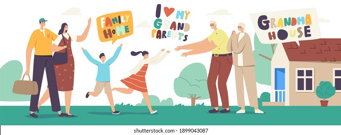 Parents Bringing Children on Summer Vacation at Grandparents Home. Kids Running to Meet Grandmother and Grandfather, Father, Mother, Kids Characters, Summertime. Linear People Vector Illustration