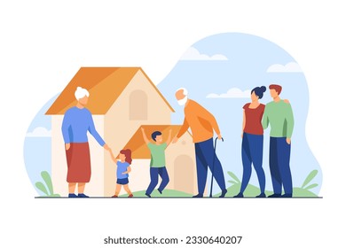 Parents bringing kids to grandparents house vector illustration. Cartoon drawing of big family, children playing with elderly people. Family, communication, love, connection, relationship concept