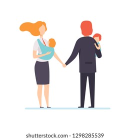 Parents in Business Clothes Standing and Holding Hands with Little Children on Their Hands, Freelancers, Parents Working with Kids, Mother and Father Businesspeople Vector Illustration