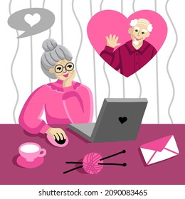 Parents call each other on Valentine's Day via video communication. A man and a woman congratulate each other online on the holiday of all lovers