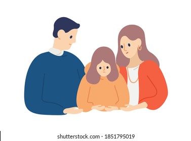 Parents calming down and support unhappy child. Mother and father hug and empathize daughter. Scene of empathy and family care. Flat vector cartoon illustration isolated on white