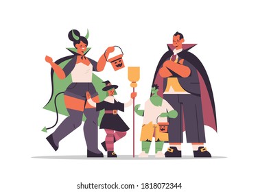 parents and cchildren in different costumes standing together happy halloween party celebration concept family having fun flat full length horizontal vector illustration