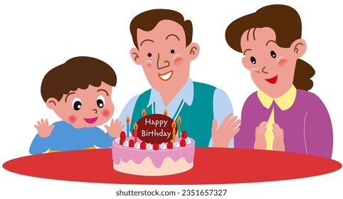 Parents celebrating boy's birthday with birthday cake