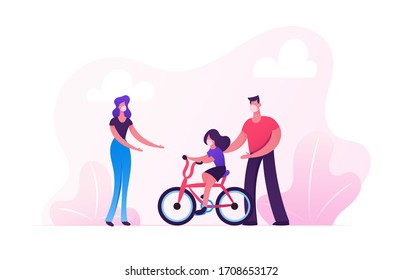 Parents Characters in Medical Mask Teaching Child Riding Bicycle in Park. Family Outdoors Activity on Street during Covid19 Pandemic. Mother, Father and Girl Walk. Cartoon People Vector Illustration