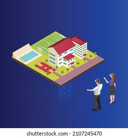 Parents Checking On A Private School Facilites Online Isometric 3d Vector Concept For Banner, Website, Illustration, Landing Page, Flyer, Etc.