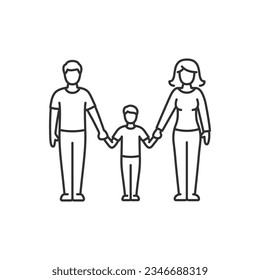 Parents with a child, a boy, holding hands. Family, linear illustration. Line with editable stroke