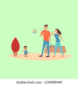 Parents and child brushing teeth. Modern family doing morning rituals. Vector illustration in flat style