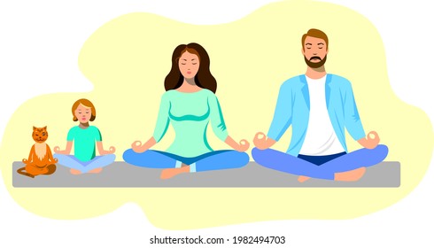 Parents with a child and a cat are doing yoga. Family yoga vector illustration in modern flat style.Mother  father daughter and cat doing yoga in lotus position.