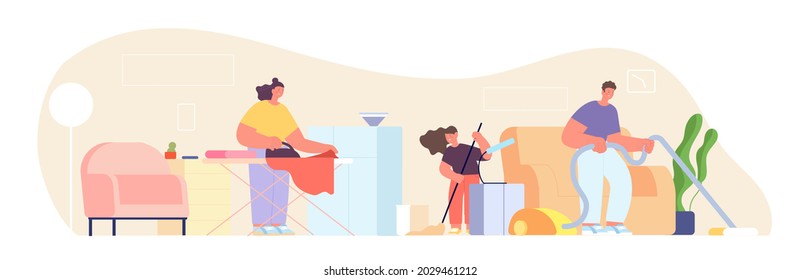 Parents and child cleaning home. Couple clean room, family doing housework together. Using vacuum cleaner, everyday routine utter vector concept