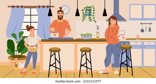 Parents and child cooking together. Kids in the kitchen. Happy family at the kitchen cooking and preparing for dinner. Cartoon vector illustration.