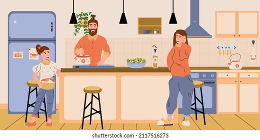 Parents and child cooking together. Kids in the kitchen. Happy family at the kitchen cooking and preparing for dinner. Cartoon vector illustration.