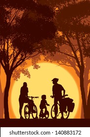 Parents and child cycling on a summer trip.