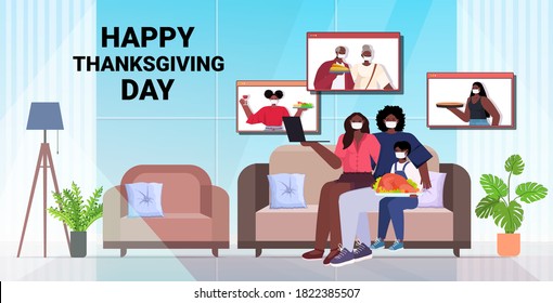 parents and child discussing with grandparents during video call family celebrating happy thanksgiving day online communication self isolation concept horizontal copy space full length vector