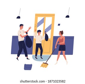 Parents and child doing housework together. Scene of daily routine and cleanup. Family washing floor with mop, taking out garbage. People cleaning hallway. Flat vector cartoon illustration